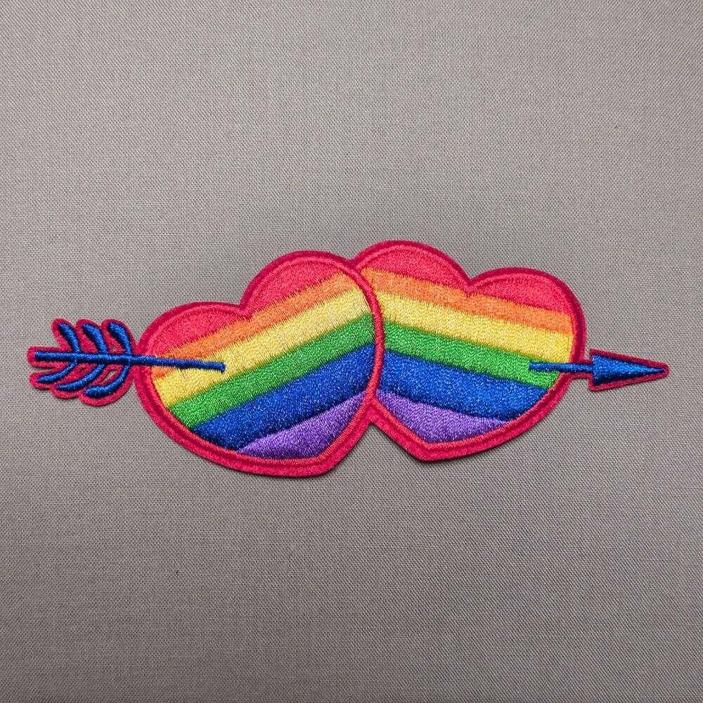 Pride Hearts and Arrow Iron On Patch | Cute Rainbow Embroidered Patch